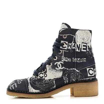 Chanel Printed CC Canvas 31 Rue Cambon Lace Up Combat Boots 38 Navy Black 1 of 9