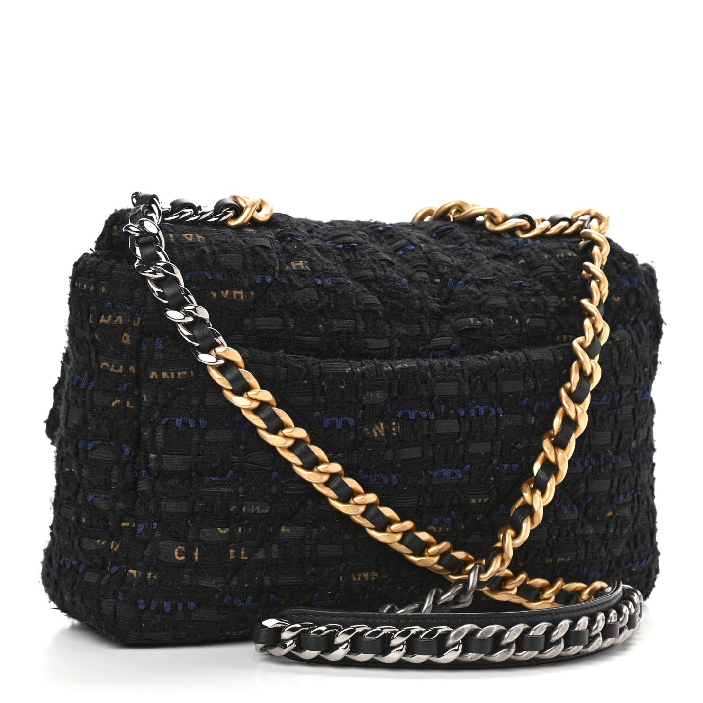 Tweed Quilted Large Chanel 19 Flap Black Navy Gold