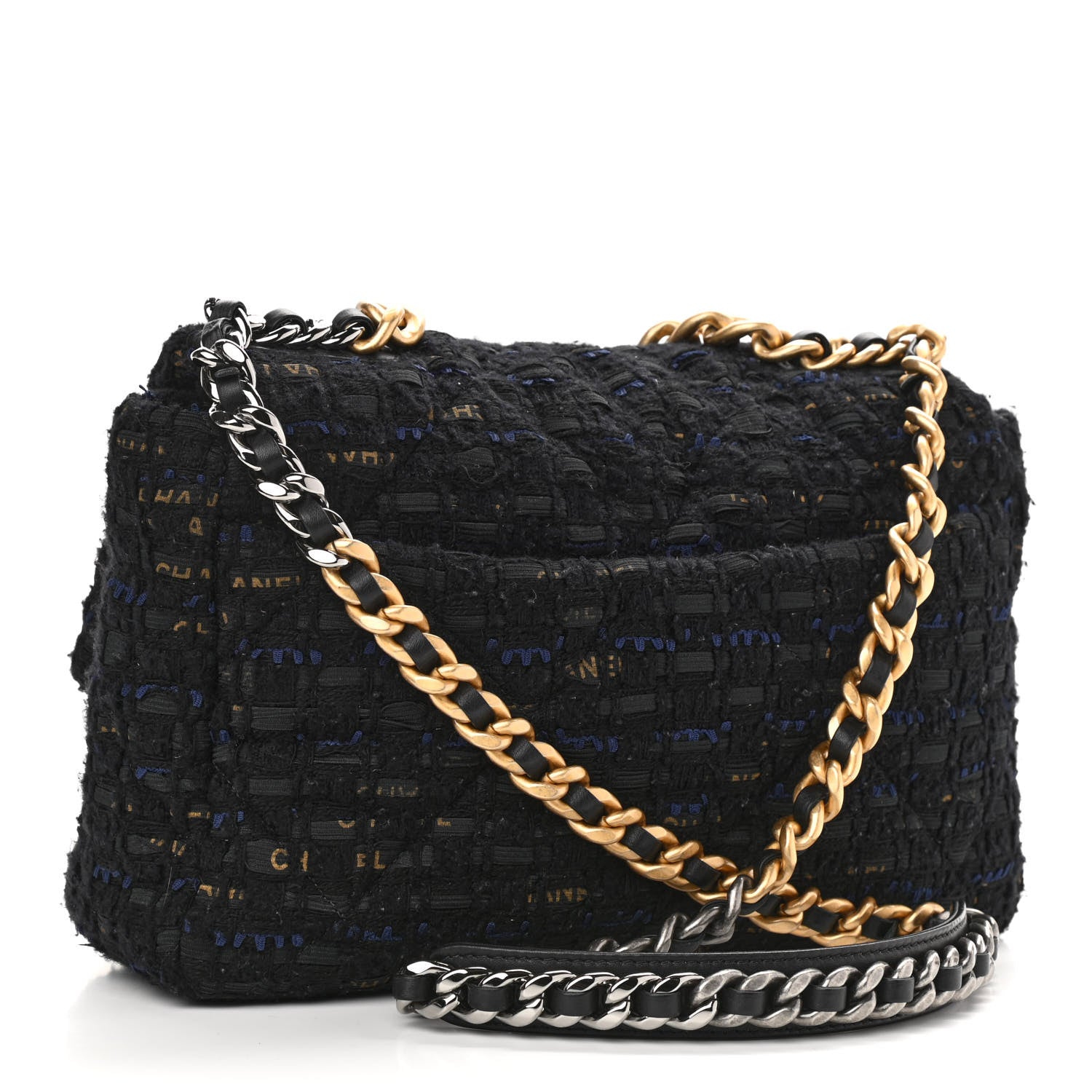 Chanel Tweed Quilted Large Chanel 19 Flap Black Navy Gold 3 of 9