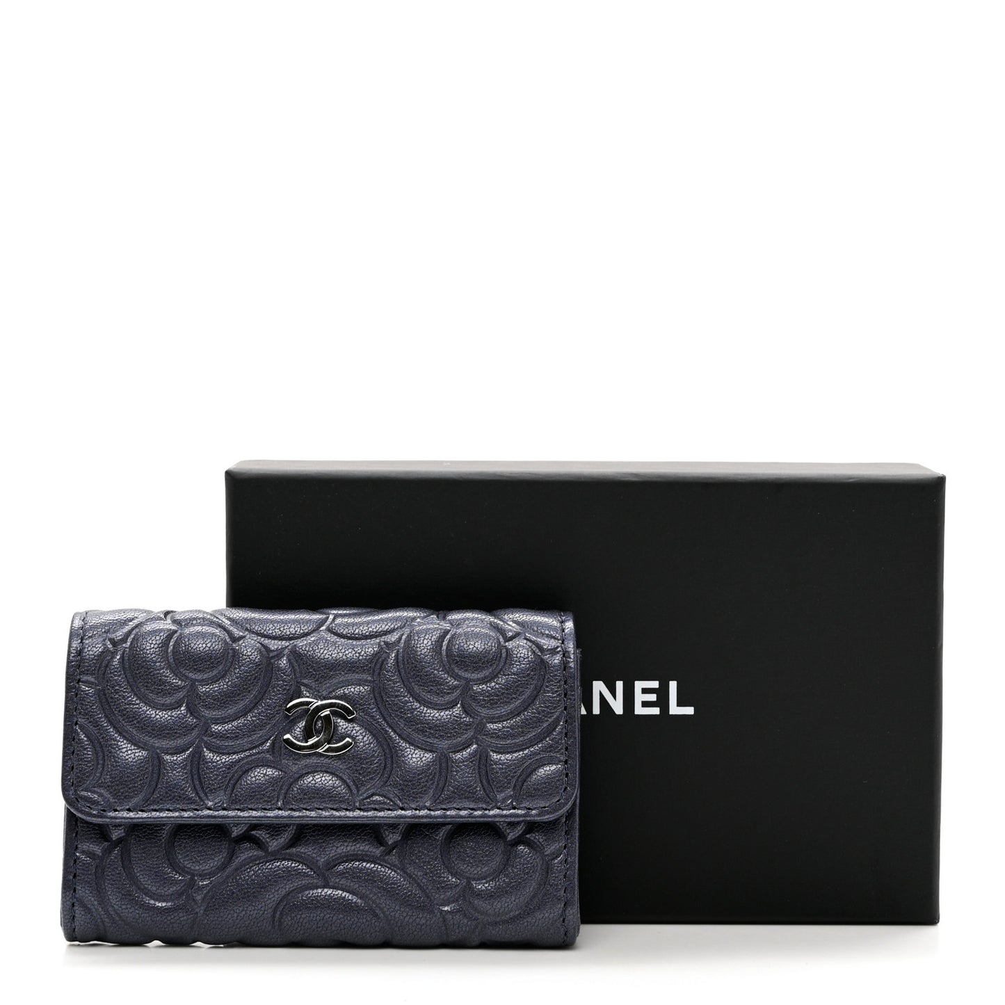 Goatskin Camellia Embossed Flap Card Holder Wallet Dark Blue
