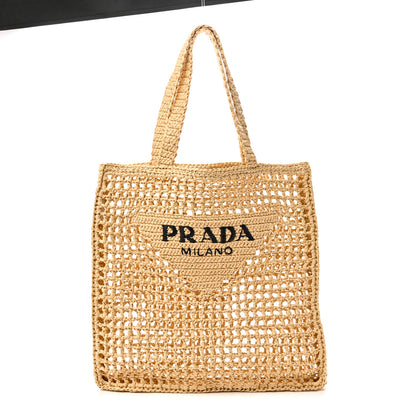 Prada Yarn Raffia Effect Crochet Logo Embroidered Tote Bag Naturale 1 of 9