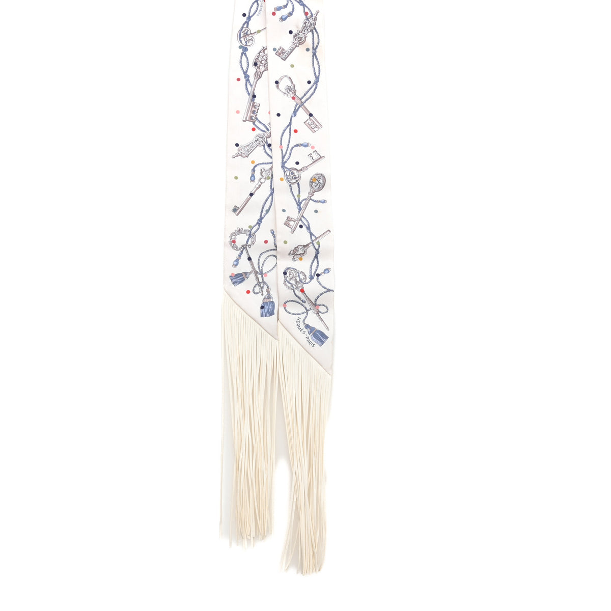 Silk Calfskin Les Cles A Pois Fringed Twilly Creme Gris Perle Multicolor