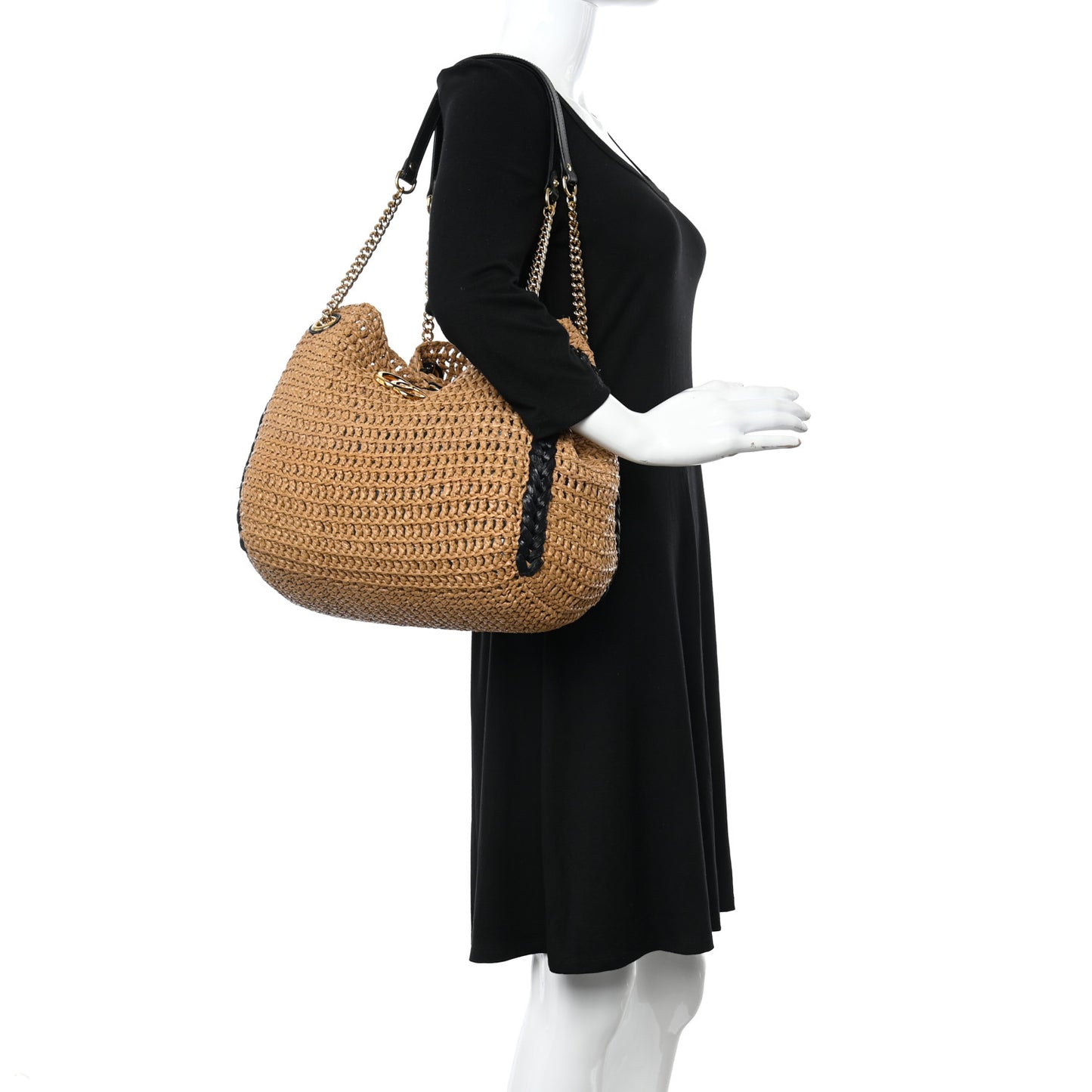 Raffia Effect Large GG Marmont Shoulder Tote Bag Natural Black