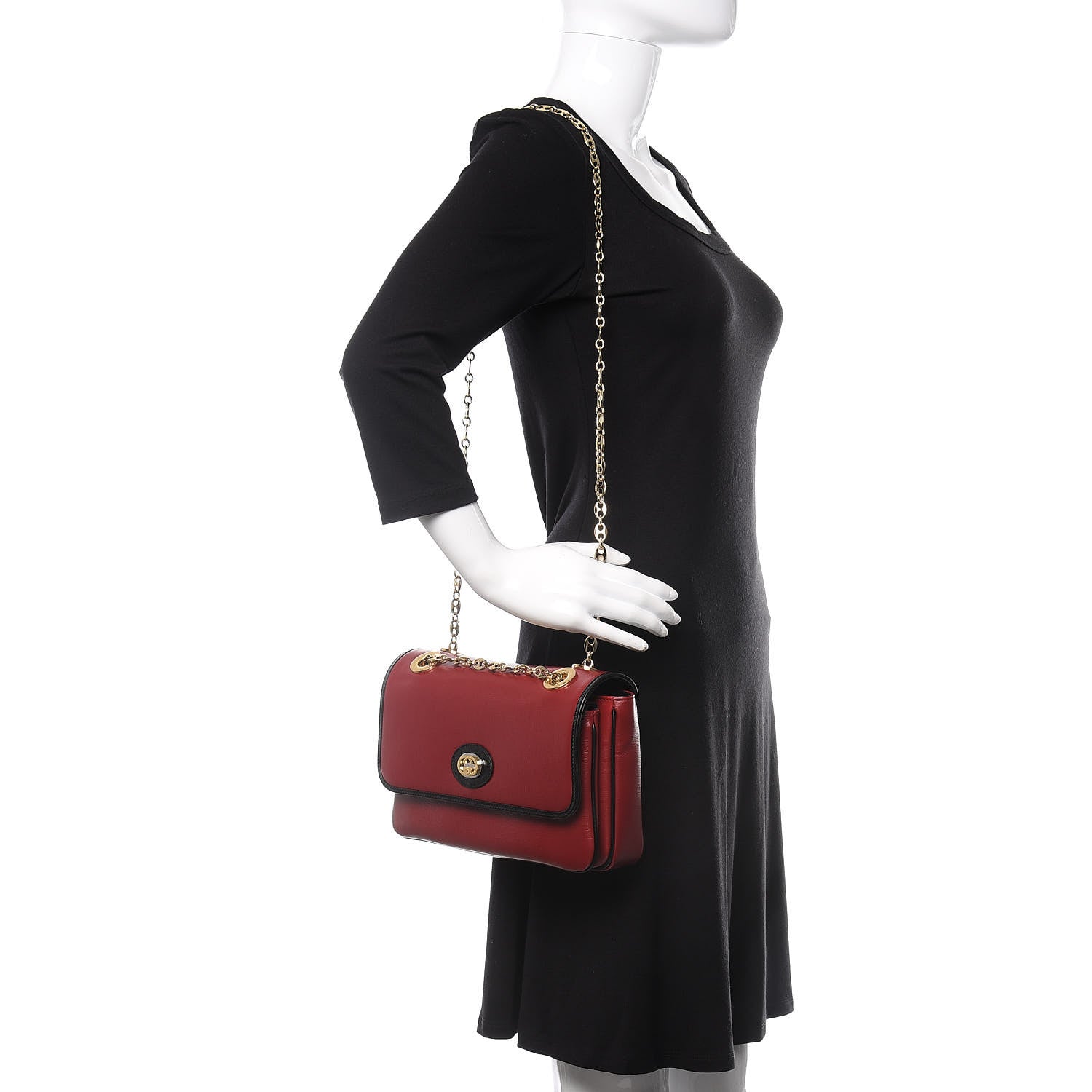 Gucci Azalea Calfskin Bi-Color Small Marina Chain Shoulder Bag New Cherry Red Black 2 of 10