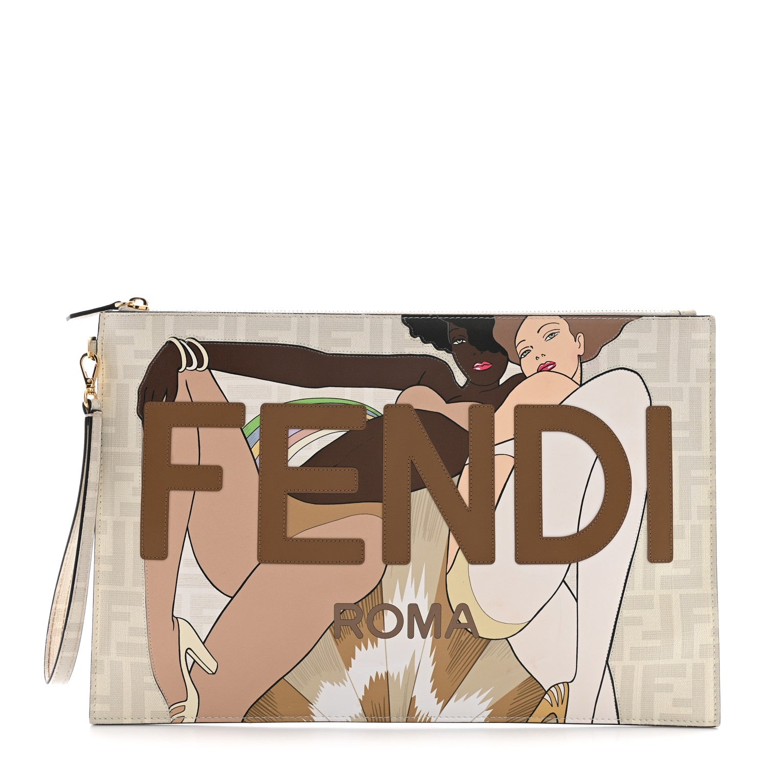 Fendi Glazed Fabric Vitello Liberty FF 1974 Logo Bikini Girls Inlay Large Flat Pouch Bianco Perla Multicolor 1 of 8