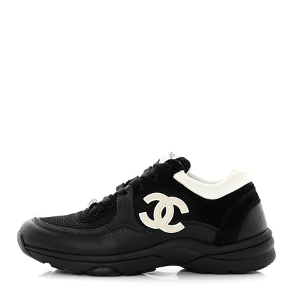 Chanel Mesh Suede Grained Calfskin Womens CC Sneakers 39 Black White 1 of 8