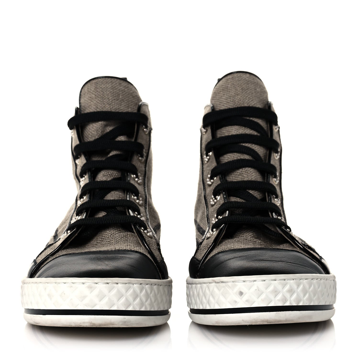 Chanel Fabric Lambskin Lace Up Cap Toe Sneakers 37 Beige Black 2 of 7