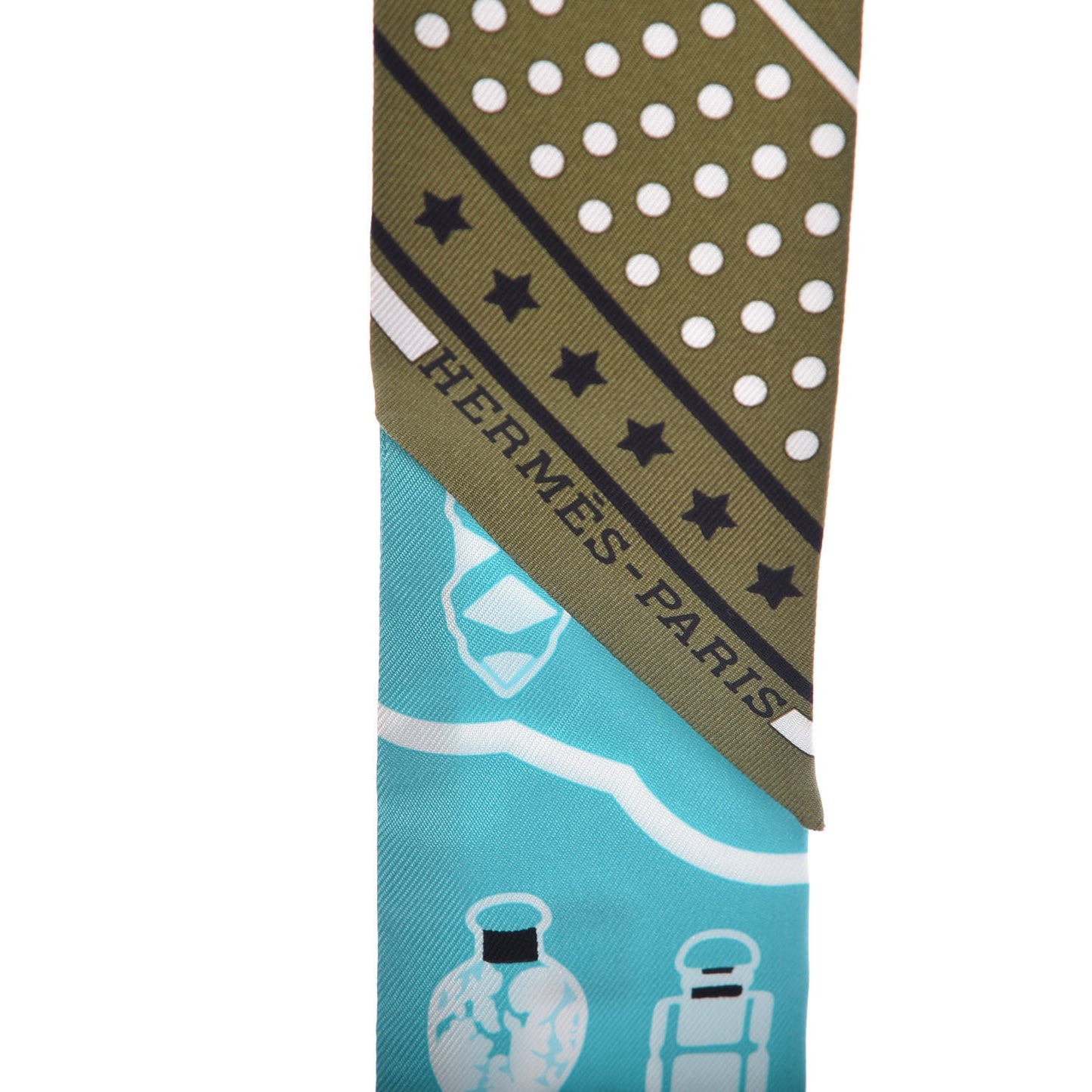 Silk Les Flacons Bandana Twilly Kaki Turquoise Blanc