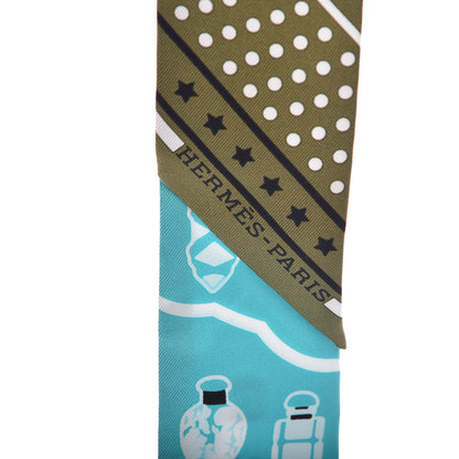 Hermes Silk Les Flacons Bandana Twilly Kaki Turquoise Blanc 5 of 5