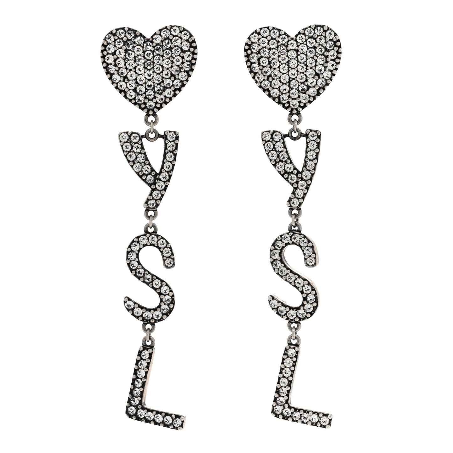 Brass Crystal Monogram Heart Drop Clip Earrings Silver