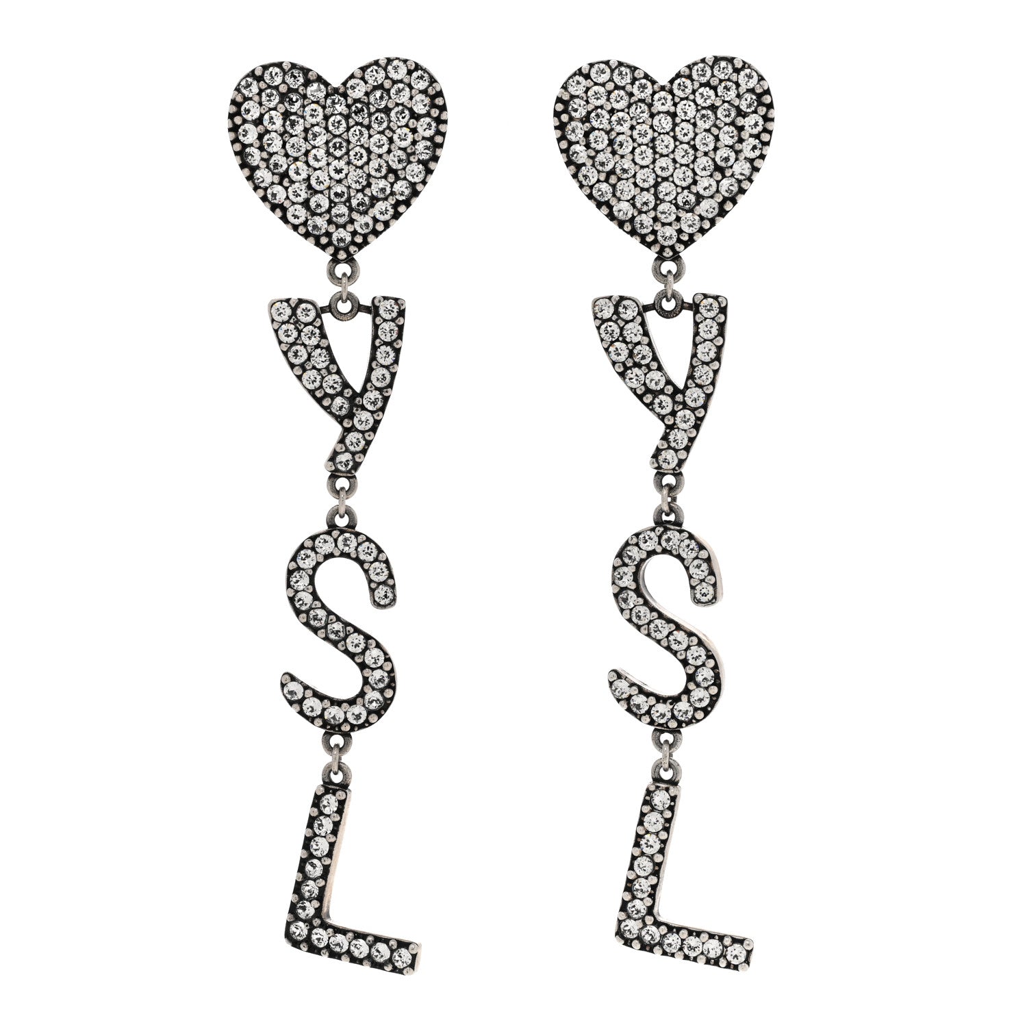Saint Laurent Brass Crystal Monogram Heart Drop Clip Earrings Silver 1 of 4