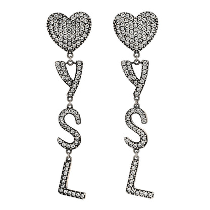 Saint Laurent Brass Crystal Monogram Heart Drop Clip Earrings Silver 1 of 4