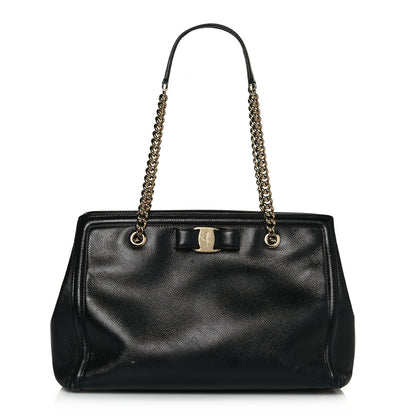 Salvatore Ferragamo Hammered Calfskin Vara Bow Chain Tote Black 1 of 23
