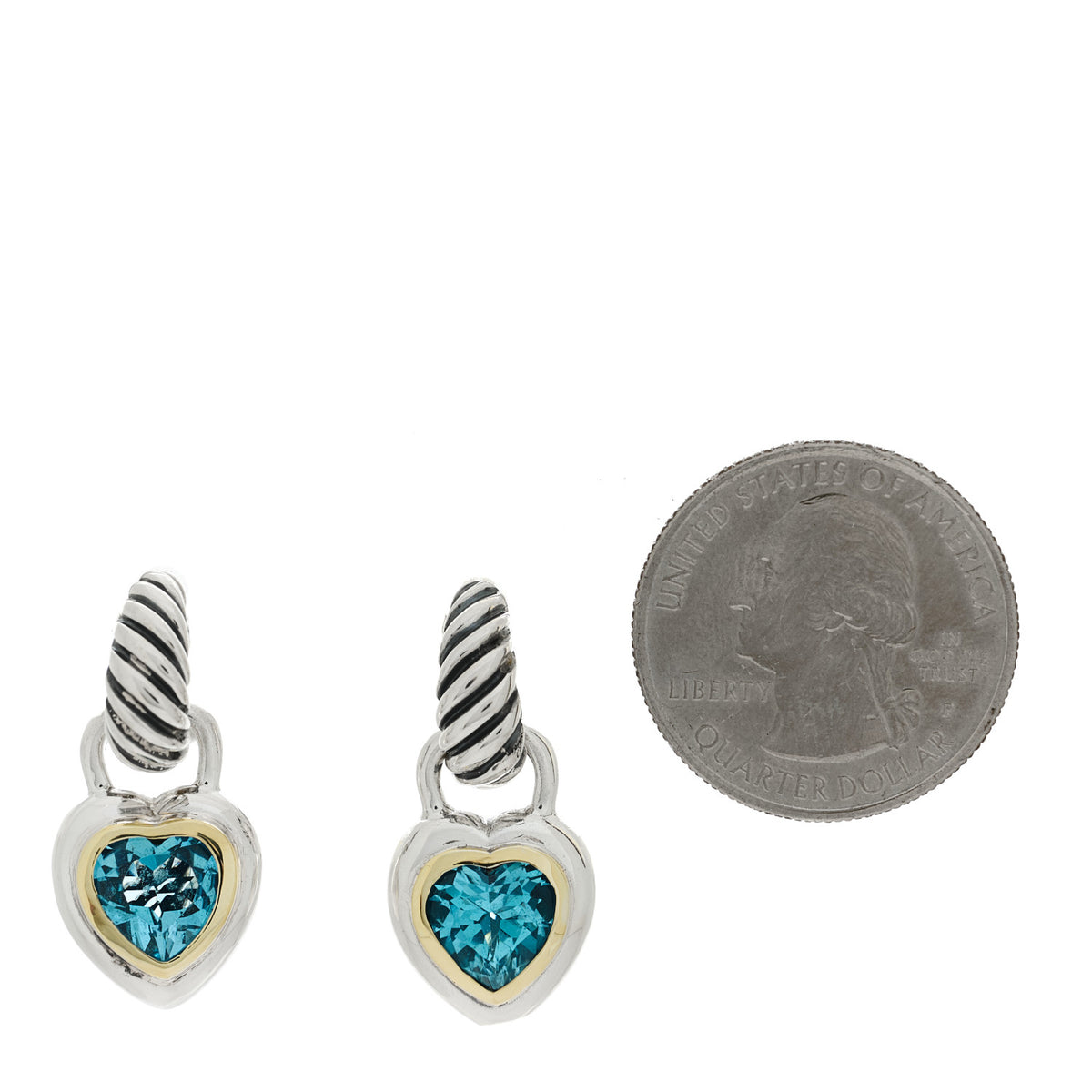 David Yurman Sterling Silver 14K Yellow Gold Blue Topaz Heart Earrings 2 of 4