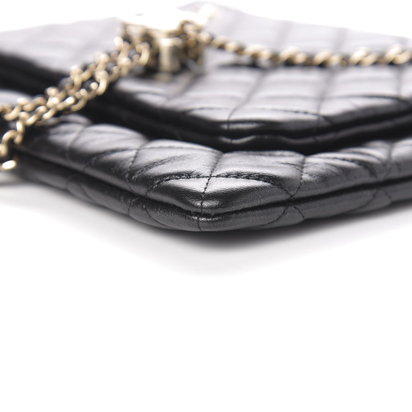 Shiny Lambskin Quilted Medium Double Case With Strap Black