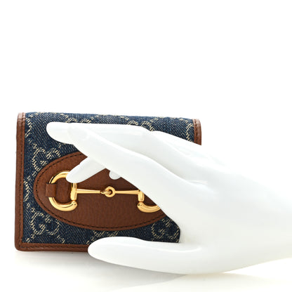 Gucci New Denim GG Monogram Dollar Calfskin Horsebit 1955 Card Case Wallet Blue Tea Cuir Epilog 2 of 6