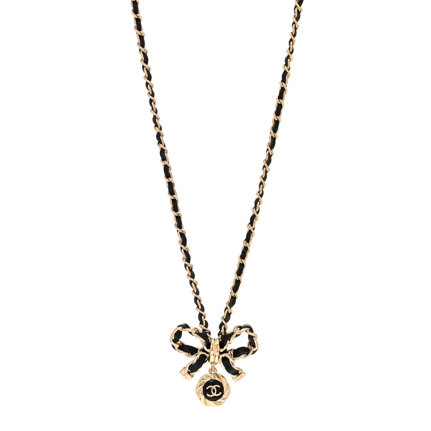 Metal Lambskin Chain CC Bow Necklace Black Gold