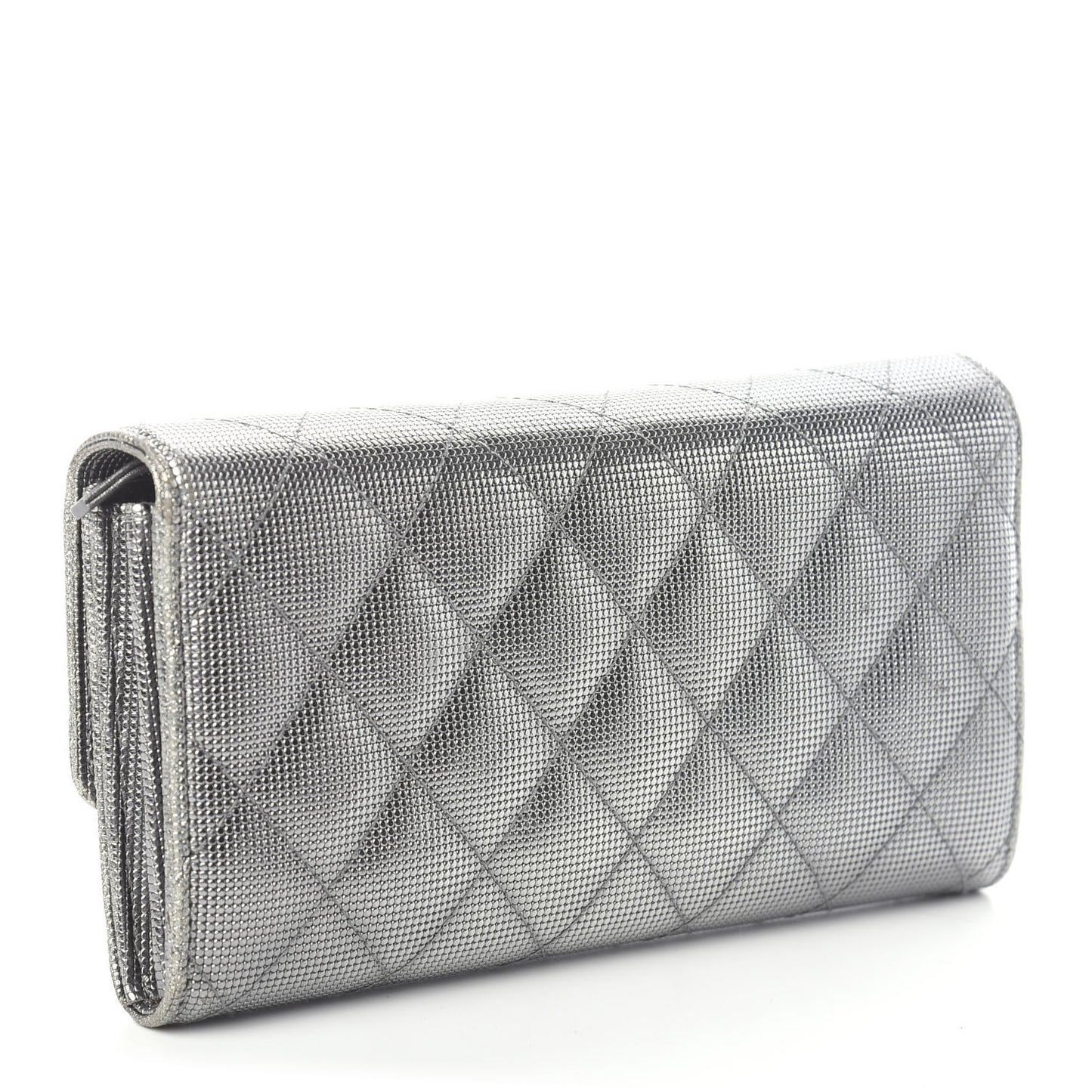 Metallic Calfskin Quilted Pixel Effect Large Flap Wallet Silver