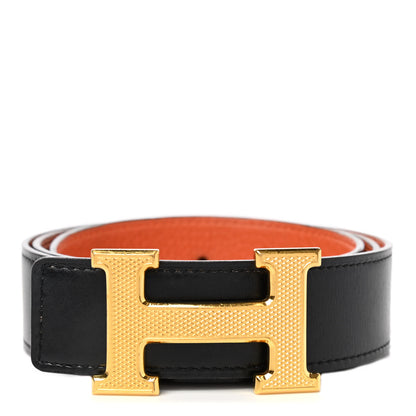 Hermes Box Togo Guilloche H Belt 85 Black Orange 1 of 7