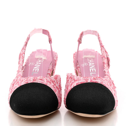 Chanel Tweed Grosgrain Cap Toe CC Slingback Pumps 37 Pink Black 2 of 13