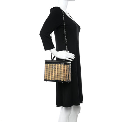 Chanel Glazed Calfskin Raffia Vanity Case Bag Black Beige 3 of 12