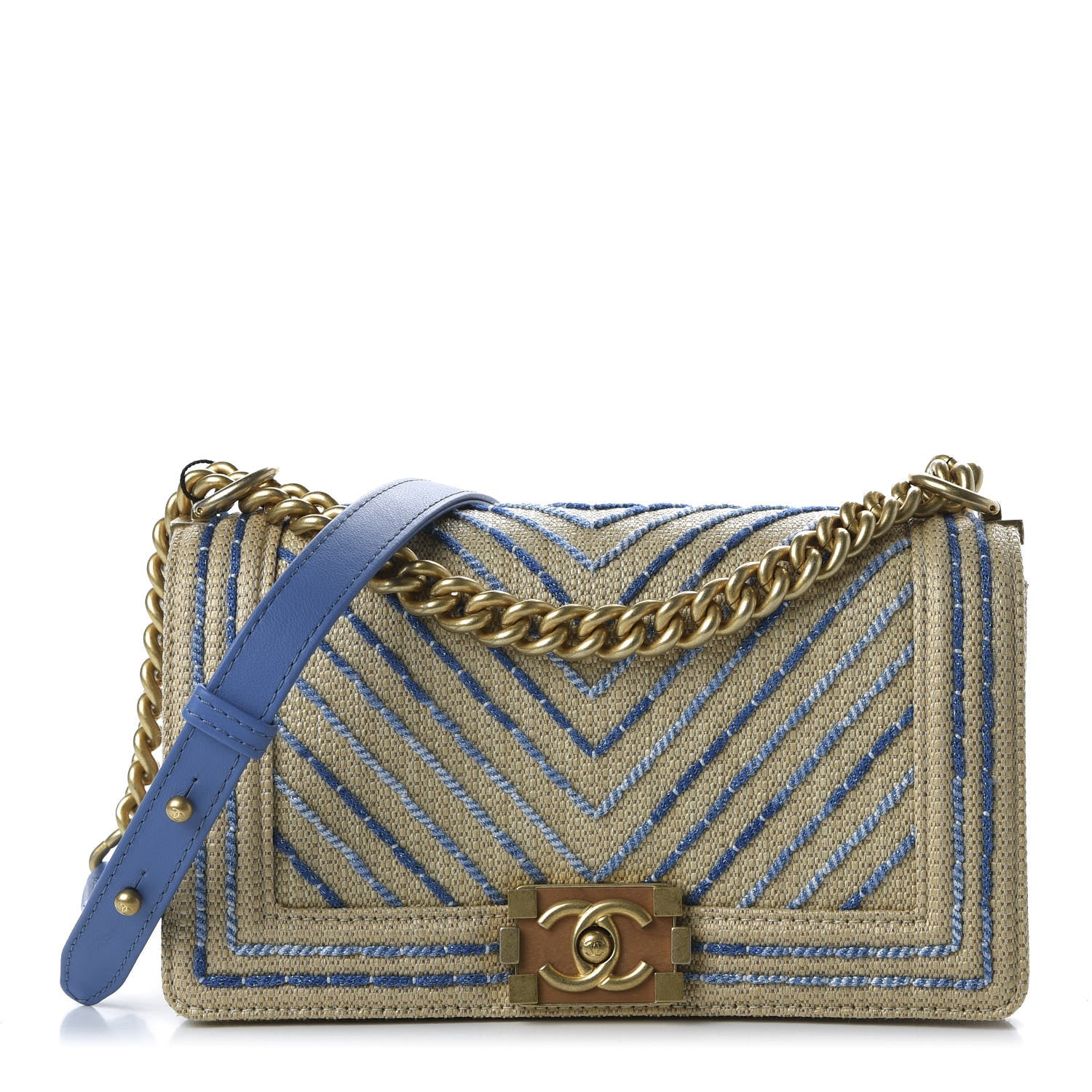 Chanel Cotton Canvas Calfskin Chevron Embroidered Medium Boy Flap Beige Blue 1 of 10