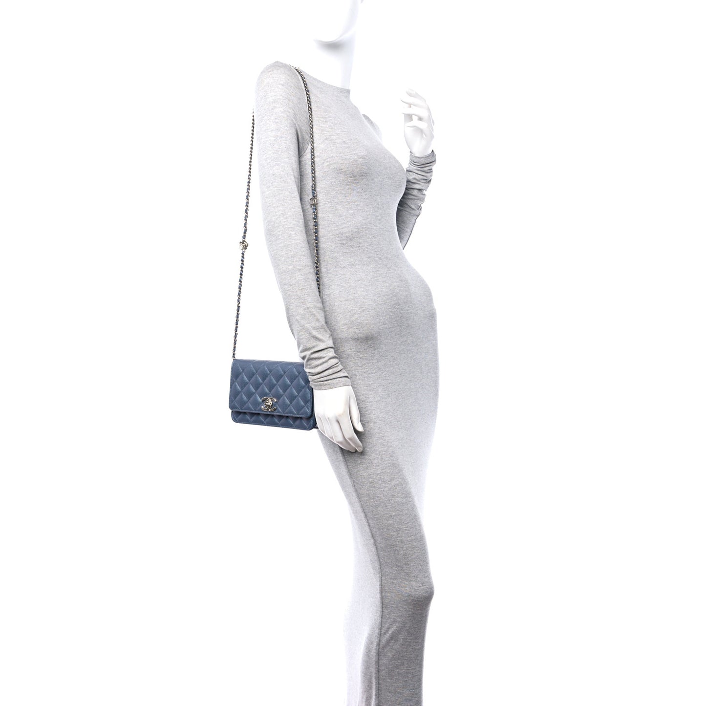 Iridescent Caviar Camellia Quilted Wallet on Chain WOC Dark Blue