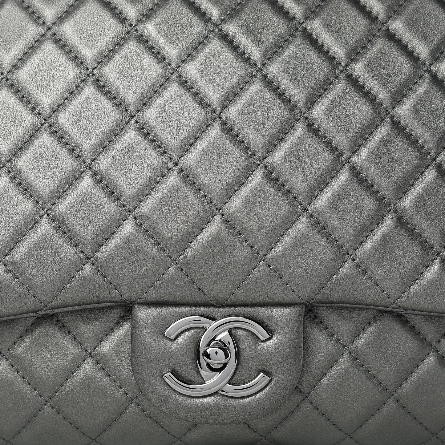 Metallic Calfskin Quilted XXL Travel Flap Bag Dark Silver