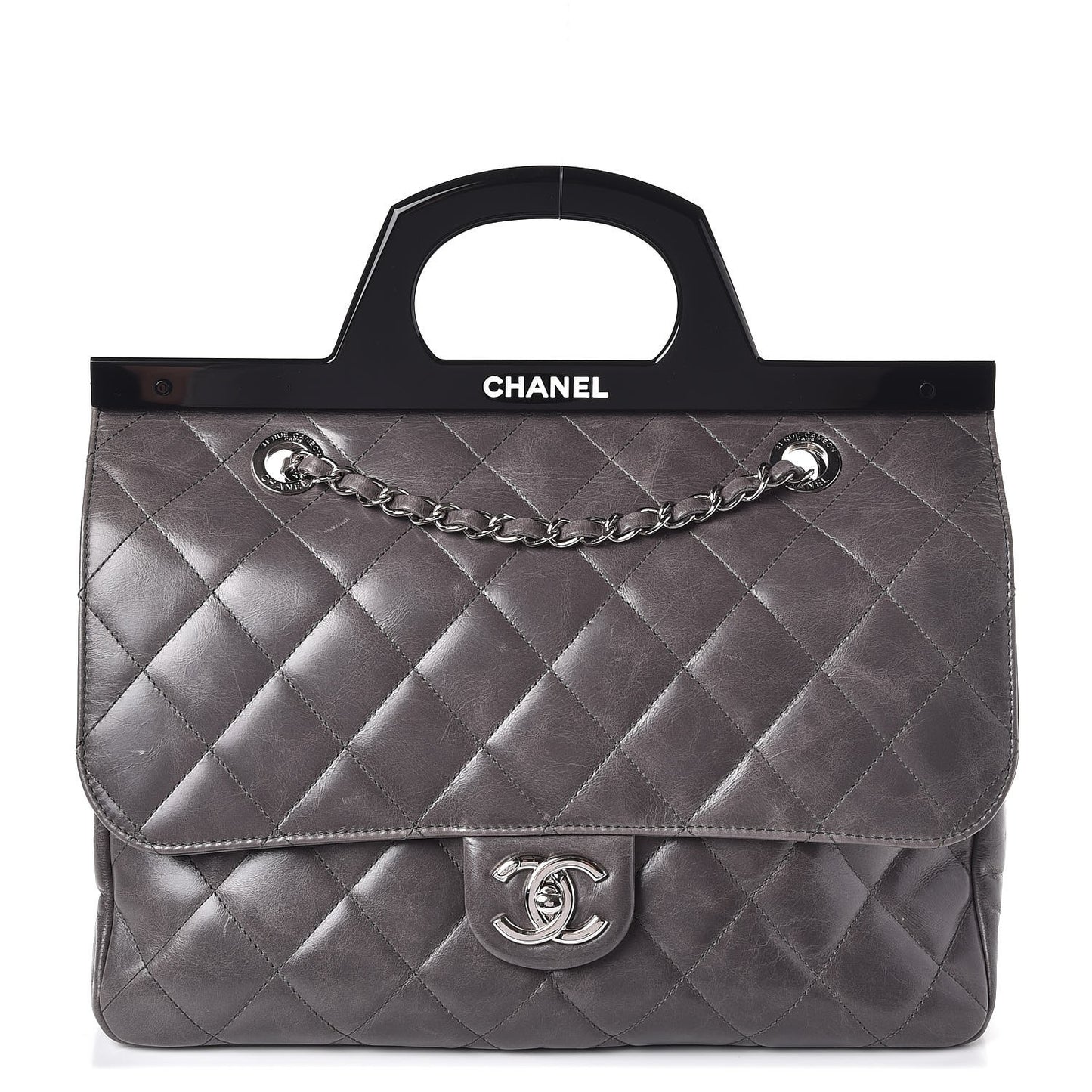 Glazed Calfskin Quilted Small CC Delivery Tote Grey