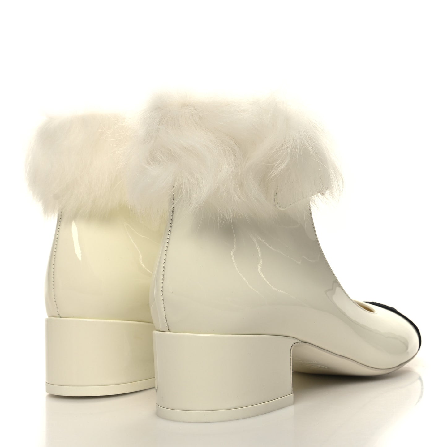 Patent Shearling Lambskin Grosgrain Cap Toe Mary Jane Low Heel Pumps 37.5 White Black