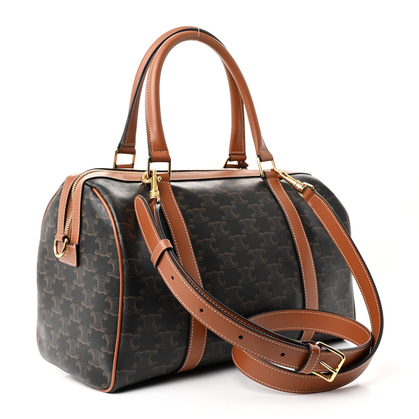 Triomphe Canvas Calfskin Boston Bag Tan