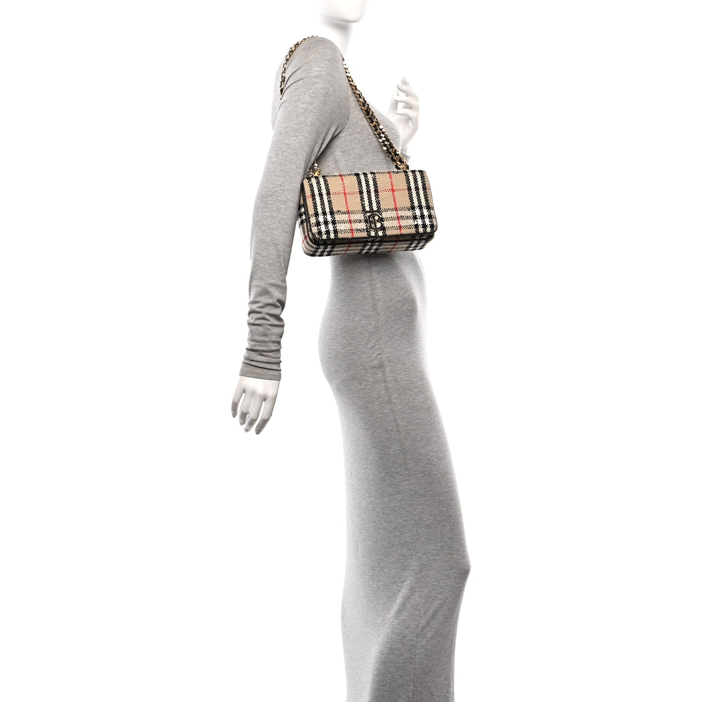 Calfskin Boucle Check Small Lola Chain Bag Archive Beige