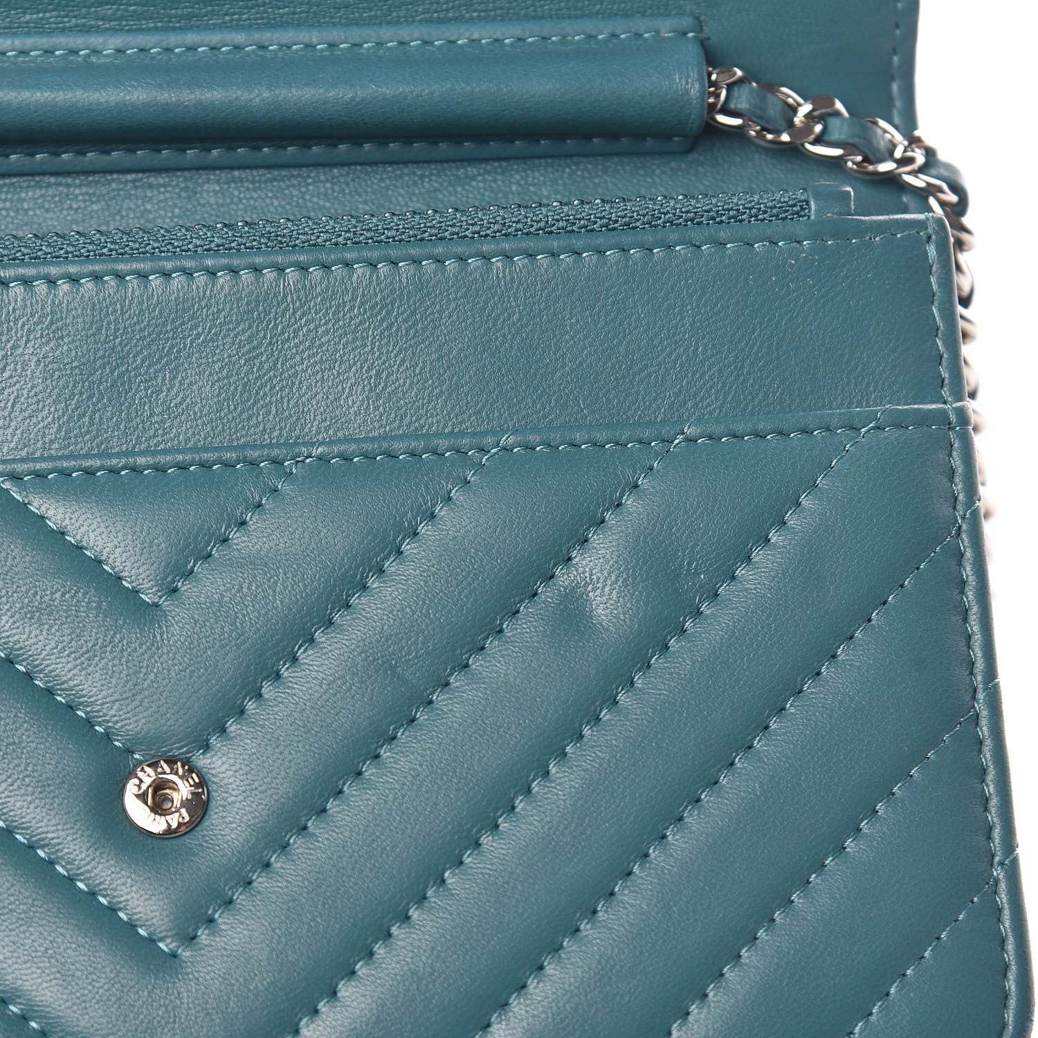 Chanel Lambskin Chevron Quilted Wallet On Chain WOC Blue 12 of 15