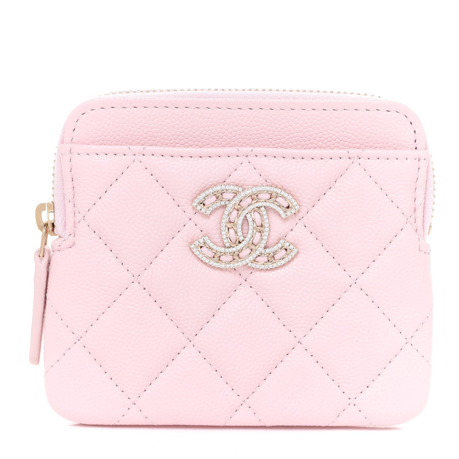 Chanel Caviar Quilted Crystal Zip Card Holder Wallet Light Pink 1 of 8