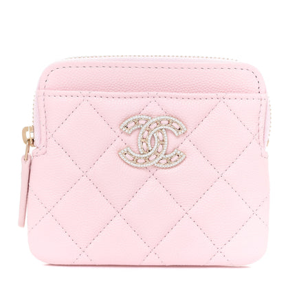 Chanel Caviar Quilted Crystal Zip Card Holder Wallet Light Pink 1 of 8