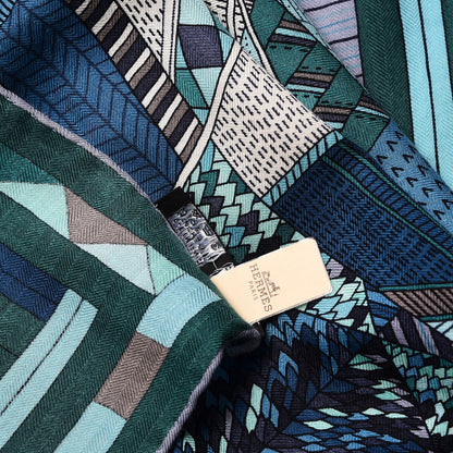 Hermes Cashmere Silk Patchwork Horse Shawl 140 Turquoise Vert Bleu 7 of 7