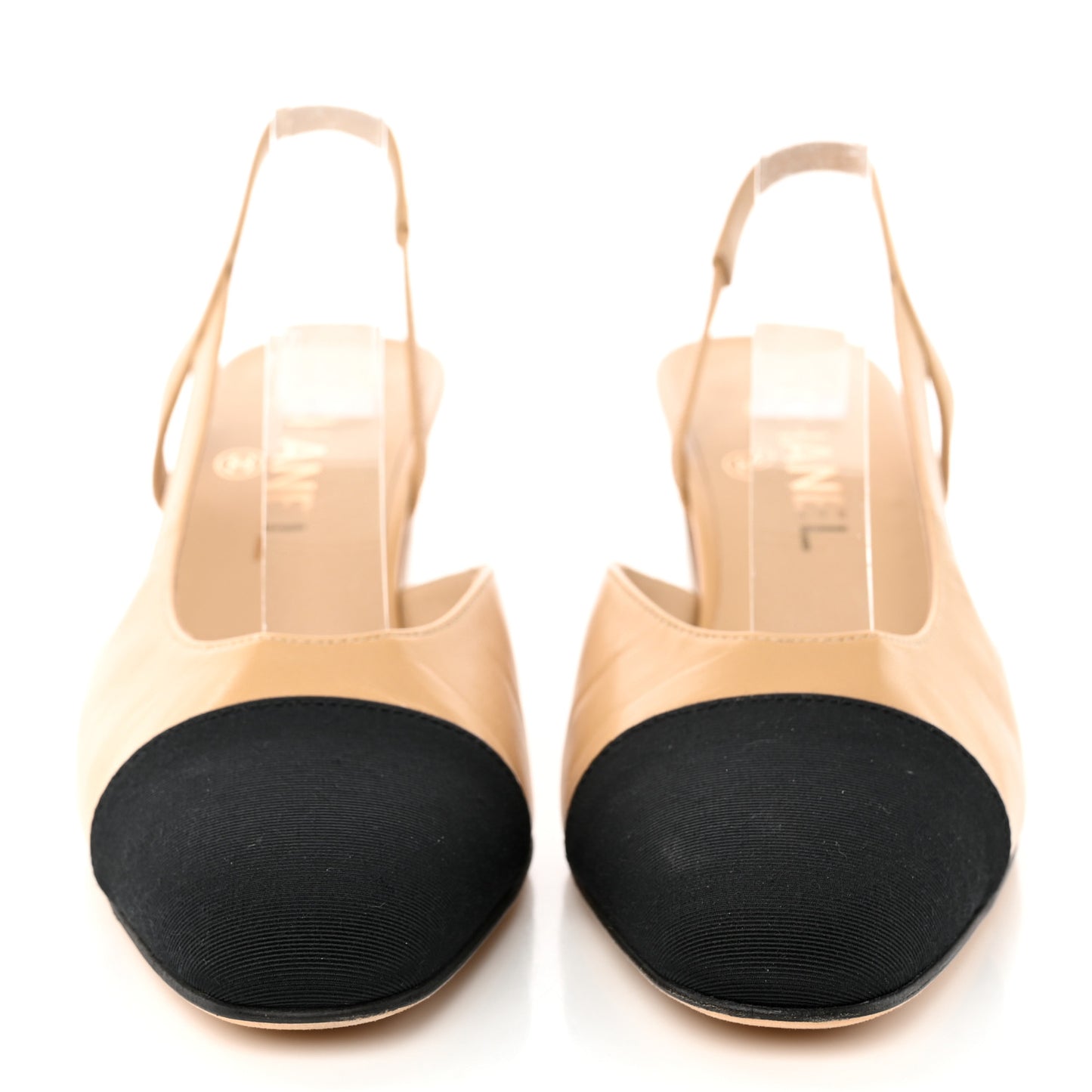 Goatskin Grosgrain Cap Toe CC Slingback Pumps 37 Beige Black