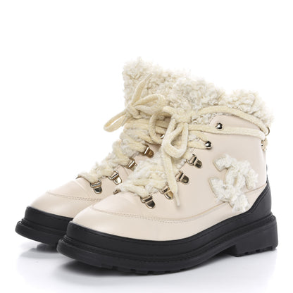 Chanel Calfskin Shearling CC Lace Up Boots 37 Light Beige Ivory 3 of 7