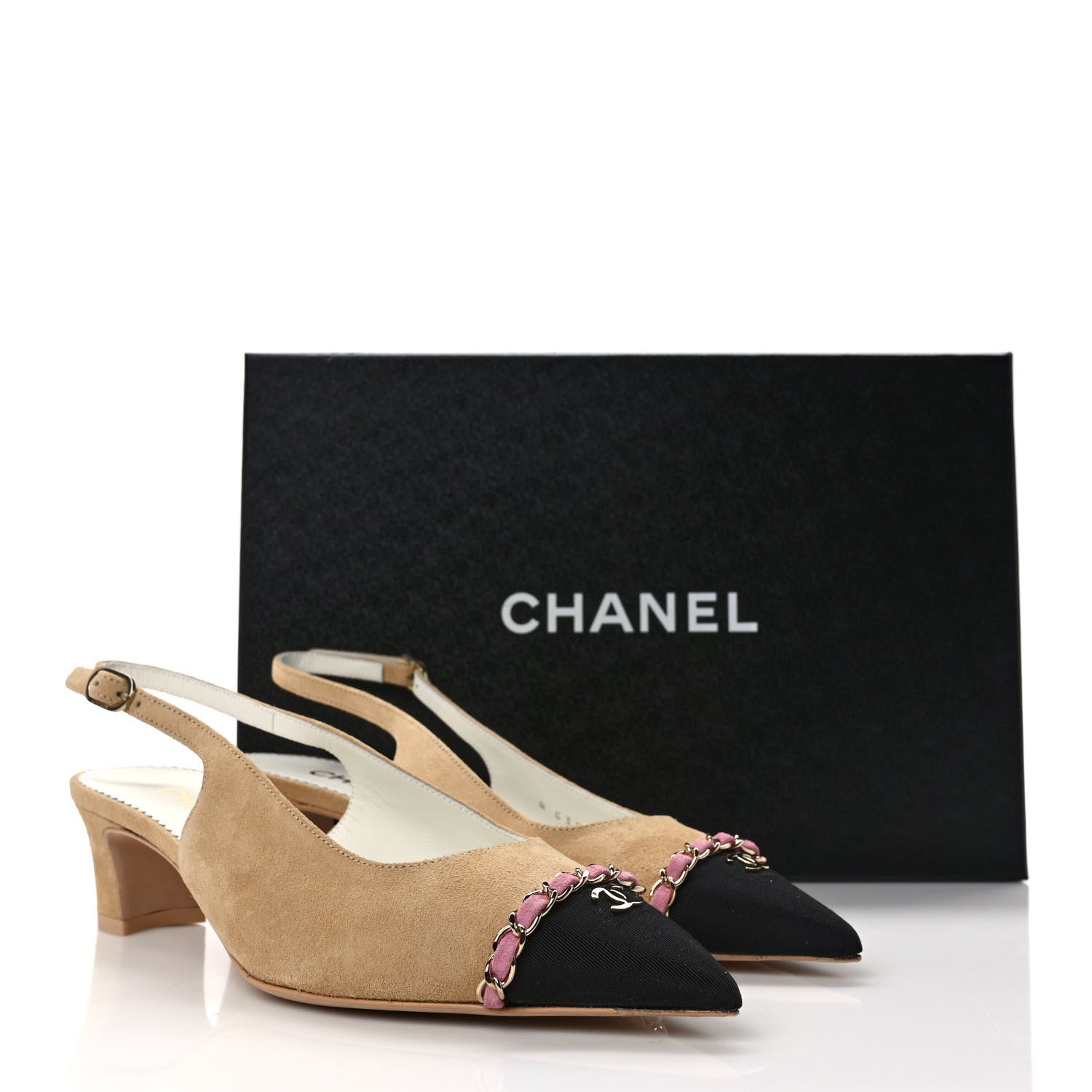 Chanel Suede Grosgrain Cap Toe CC Chain Slingback Pumps 37 Beige Black Pink 9 of 9