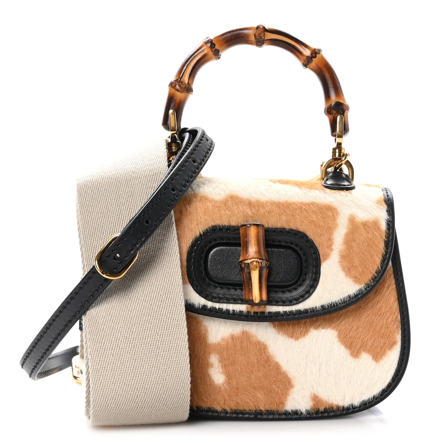 Calfskin Pony Hair Giraffe Print Mini Bamboo 1947 Top Handle  Bag  Beige Black Multicolor