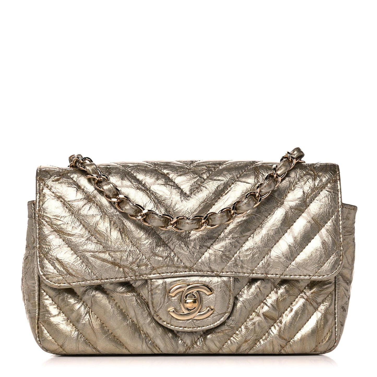 Patent Metallic Crumpled Calfskin Chevron Quilted Mini Rectangular Flap Gold