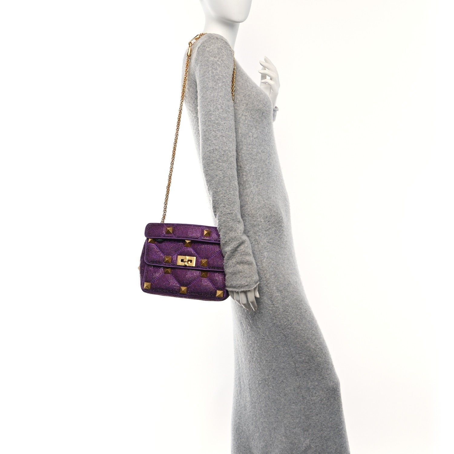 Valentino Garavani Crystal Suede Enamel Medium Roman Stud Shoulder Bag Purple 2 of 9