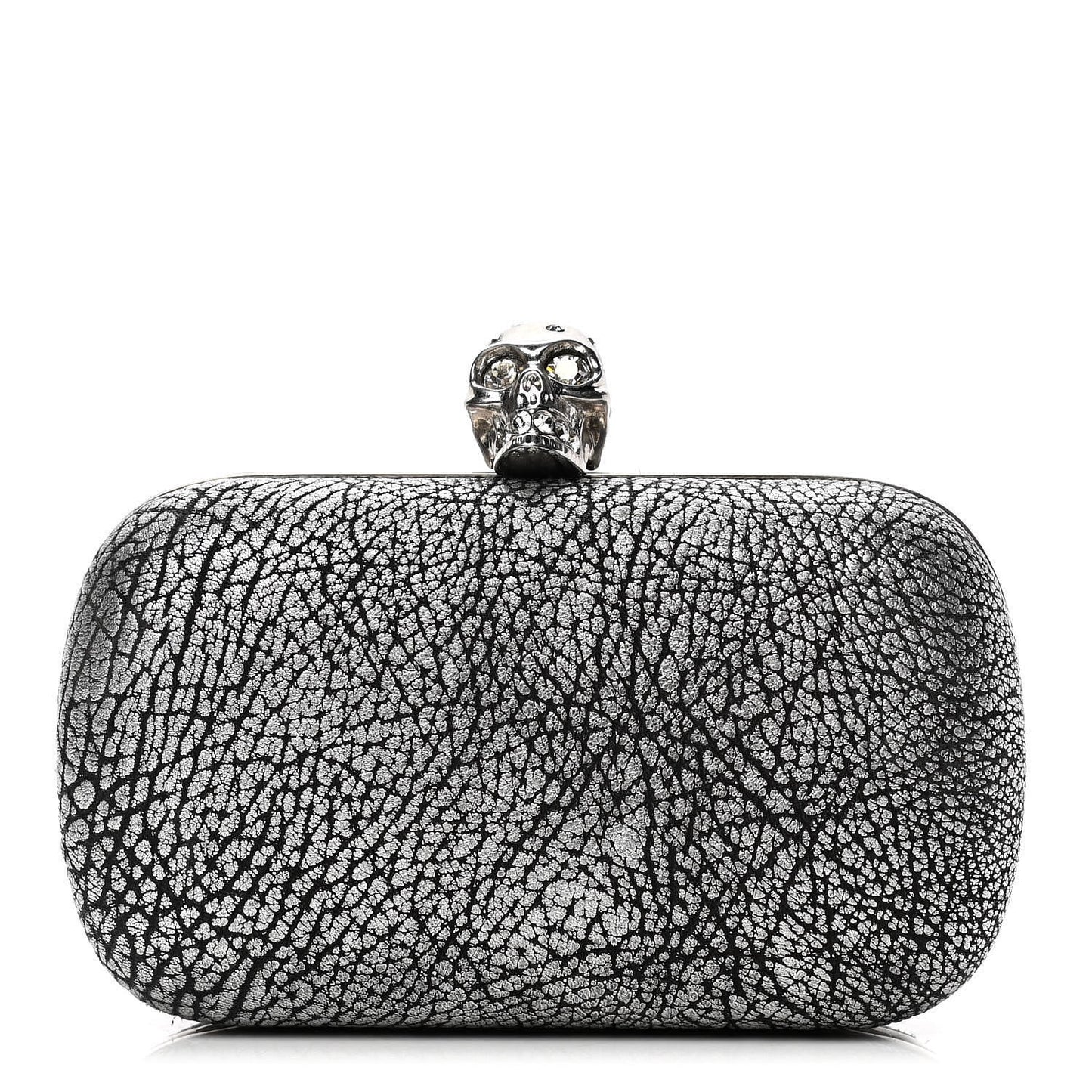 Metallic Crackled Lambskin Skull Box Clutch Silver