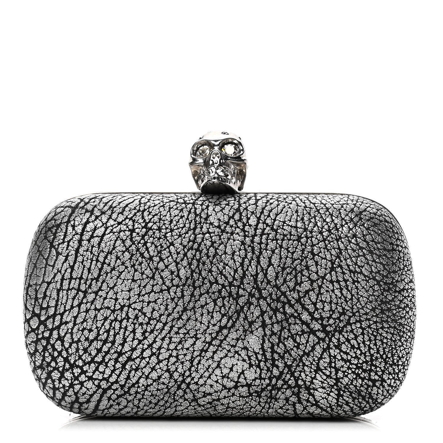 Alexander McQueen Metallic Crackled Lambskin Skull Box Clutch Silver 1 of 4