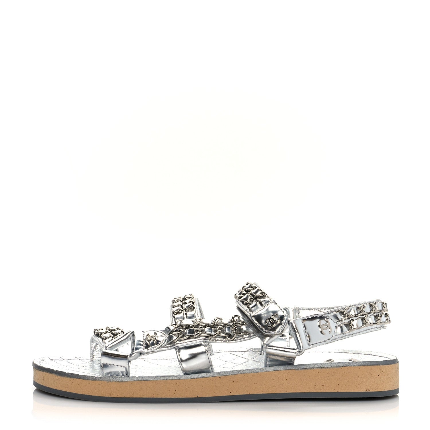 Chanel Metallic Calfskin Chain Flat Sandals 38 Silver 1 of 8