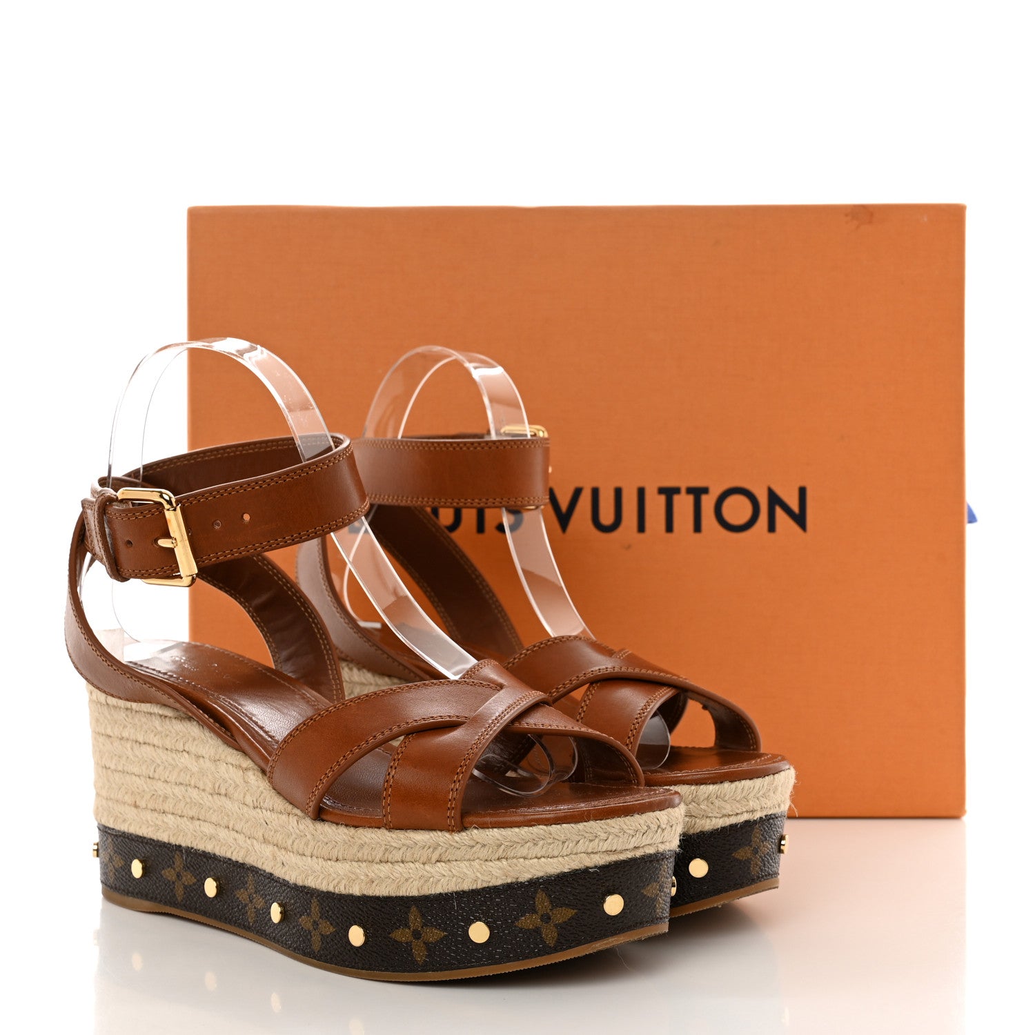 Louis Vuitton Calfskin Studded Espadrille Wedge Sandals 35.5 Cognac 9 of 9