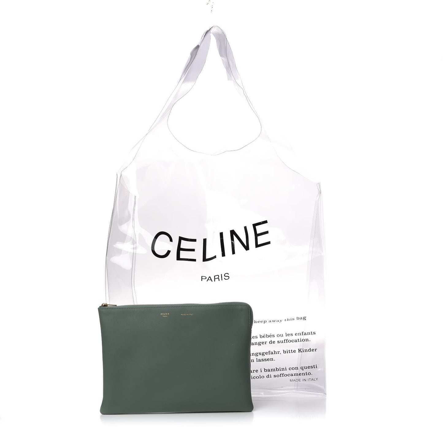 Plastic Bag with Cloudy Lambskin Solo Zip Pouch Clutch Celadon
