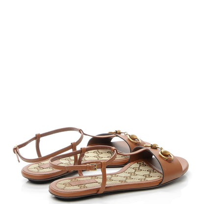 Gucci Calfskin Monogram Horsebit T-Strap Flat Sandals 36.5 Cognac 4 of 9