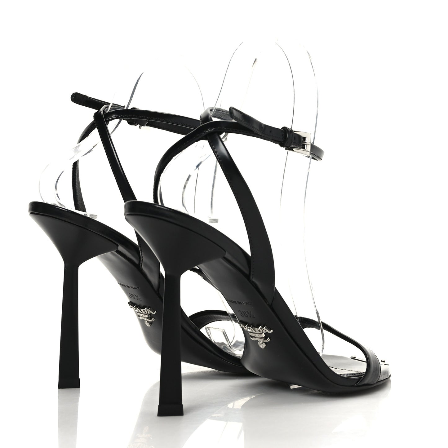 Calfskin Metal Triangle Logo High Heels Sandals 38.5 Black
