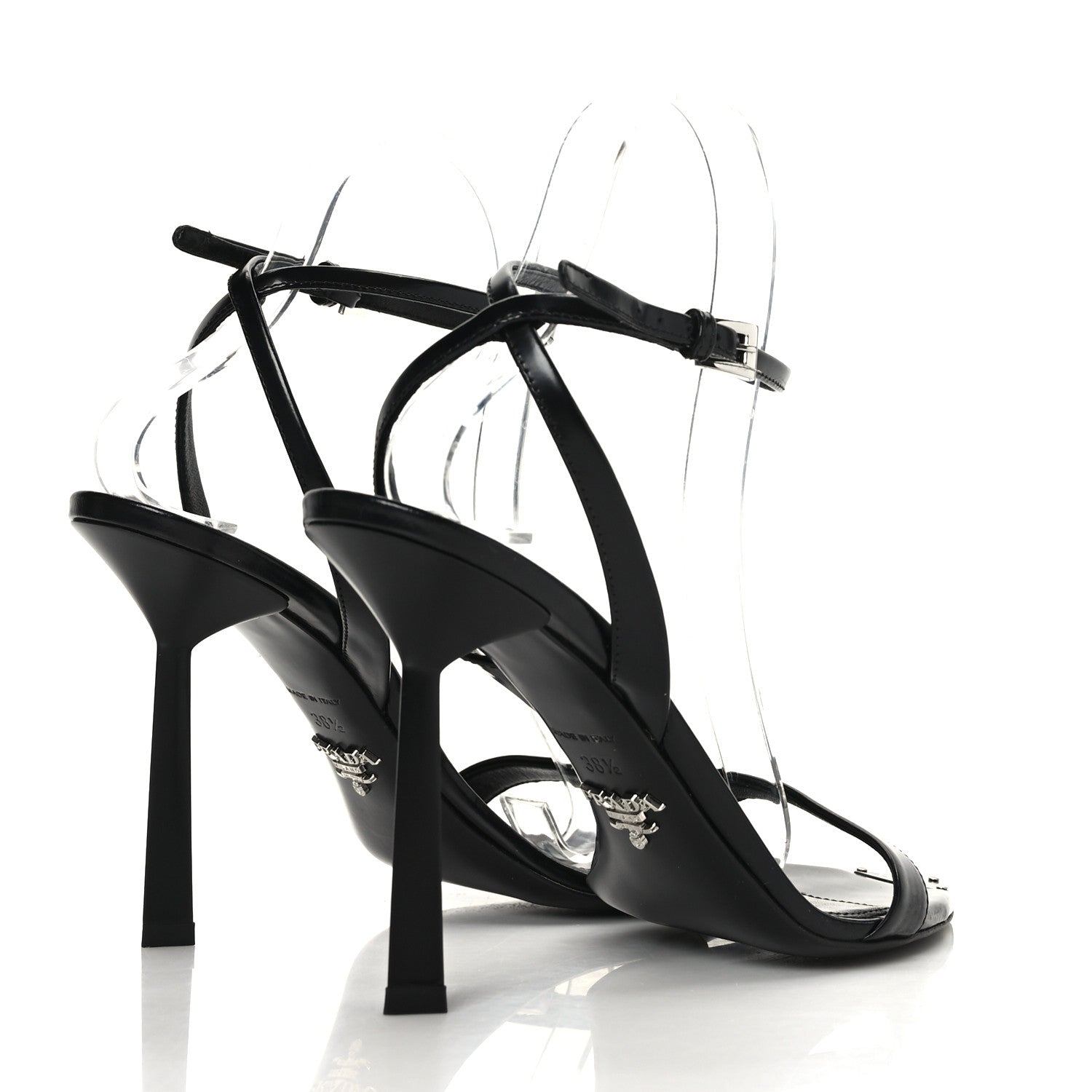 Prada Calfskin Metal Triangle Logo High Heels Sandals 38.5 Black 4 of 7